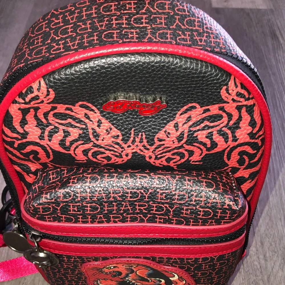Ed Hardy Red & Black Faux Leather Cat Out Of Hell Unisex Sling Backpack NWT